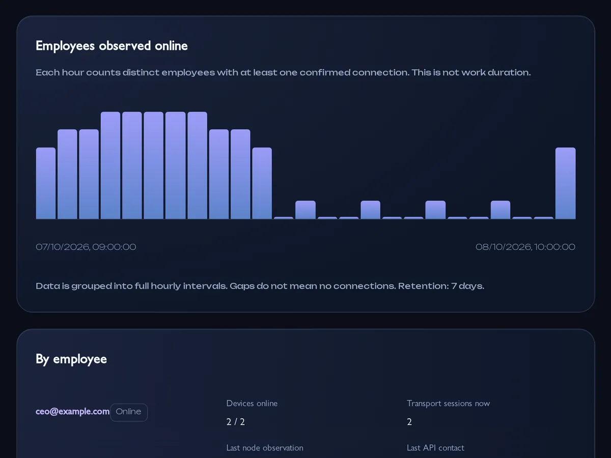 Employee analytics: members online and the hourly chart